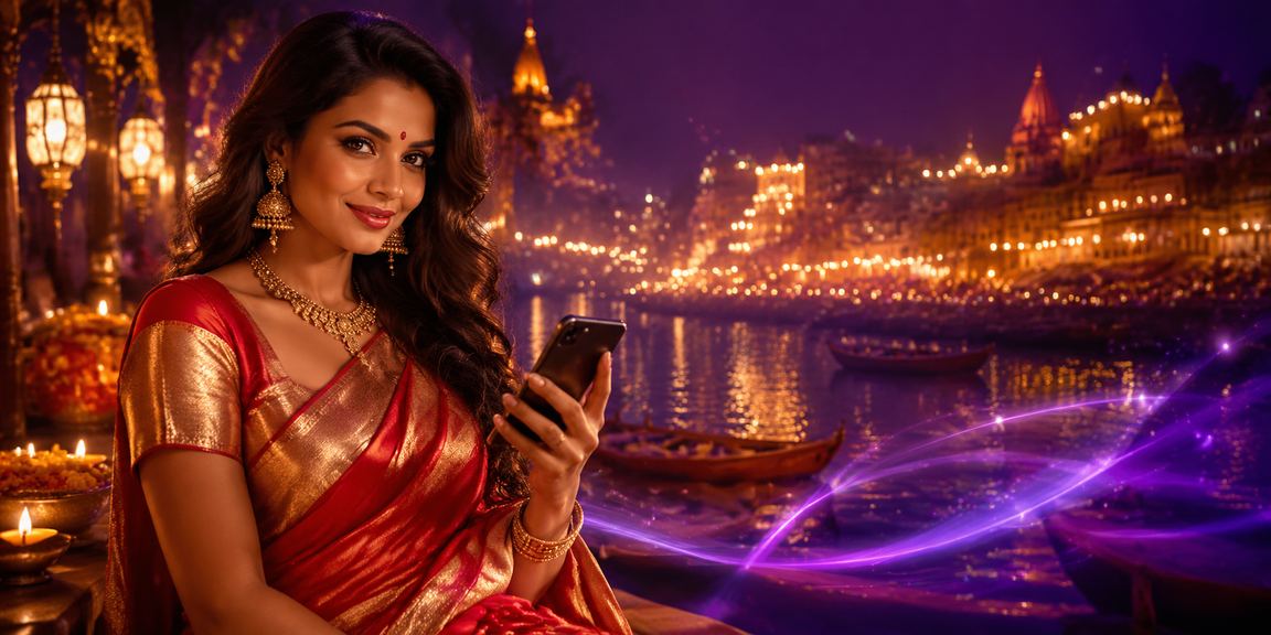 Indian woman at Varanasi playing Rummy game online